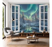 Fotomurales Montaña Nevada Invernal Aurora Efecto 3D, 400x280cm Papel Pintado en Tejido Seda Vista Desde Ventana Paisaje Natural Decoración de Pared Fotográficos Para Sofá Dormitorio TV Fondo de Pared