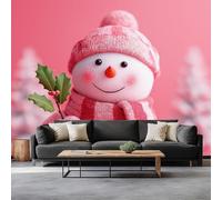 Fotomurales Muñeco De Nieve Navideño Con Bufanda A Cuadros 350 x 256 cm Papel Pintado Tejido No Tejido, Rosa Fotomural Papel Tapiz Decorativos - Dormitorio Salón TV Pared Murales Póster