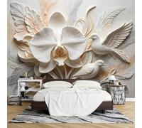 Fotomurales Mural de Pared 3D Relieve Orquídeas y Palomas Papel Tapiz No Tejido 180 x 120 cm Elegante Mural Fotográfico Floral para Sala Estar Dormitorio Pasillo Decoración de Pared Moderna.