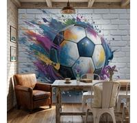 Fotomurales Muro Ladrillos Volando Con Balón Fútbol - 300Anx210Al cm Papel Pintado Seda Decoración de Pared Murales Vistoso Graffiti Diseno Fotográfico Decorativos Dormitorio Para la Sala