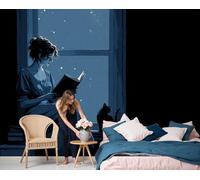 Fotomurales Niña Leyendo Libro Junto Ventana, 250x175cm Papel Tapiz Fotográfico Dibujos Animados Papel Pintado Decorativos Murales para Dormitorio Comedor Oficina Hotel Pasillo, Azul Grisáceo