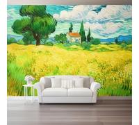 Fotomurales No Tejido Paisaje Pintura Al Óleo Flores Campos Casas Verde Amarillo Papel Pintado Decoración de Pared Póster Murales para Dormitorio Salón TV Pared, 200 x 140 cm