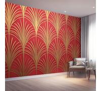 Fotomurales No Tejido Pintura Retro Geométrico Líneas En Abanico, 200 x 140 cm Papel Pintado Decoración de Pared, Murales póster efecto 3D Decorativos Murales para Dormitorio Infantil Salón, Oro Rojo