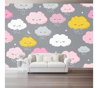 Fotomurales Nubes de dibujos animados y gotas de lluvia Papel pintado tejido no tejido decoración Pared decorativos 400 x 280 cm Sala Cuarto Oficina Salón Decoración Casa Rosa