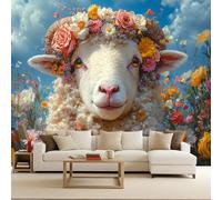 Fotomurales Oveja Colores Guirnalda Rosa Flores Fotográfico Papel Pintado Pared Dormitorio 200x140 cm Murales 3D Moderno Mate Tejido no Tejido Foto Mural Para Habitación infantil Salon Decoración