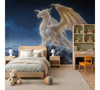 Fotomurales Paisaje Fantasía 3D Dragón Dorado 250X175Cm Papel Pintado Tejido No Tejido | Montañas Nevadas Ensueño Fotográfico Pared Decorativos Murales Póster Para Dormitorio Salón Pared, Azul Oscuro