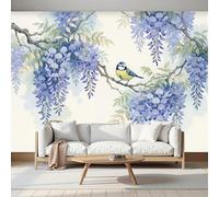Fotomurales Pájaros En Ramas De Glicinia - 200Anx140Al cm Papel Pintado Seda Decoración de Pared Murales Azul-púrpura Acuarela Diseno Fotográfico Decorativos Dormitorio Para la Sala