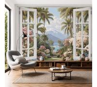 Fotomurales Palmera Jungla Retro Efecto 3D, 450x315cm Papel Pintado en Tejido Seda Paisaje Jardín Tropical Decoración de Pared Fotográficos Para Sofá Dormitorio TV Fondo de Pared, Verde Esmeralda