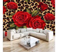 Fotomurales Papel pintado Estampado de leopardo rosas rojas estampado animal Papel pintado tejido no tejido Decoración de Pared decorativos Murales Moderna 350 x 256 cm Fotomurales