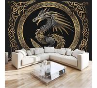 Fotomurales - Papel pintado Mural 3D de runas de dragón dorado vikingo para dormitorio, sala de estar o habitación infantil. Decoración de pared moderna, 400 cm x 280 cm. Poster - Adhesivo para pared