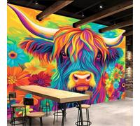 Fotomurales - Papel pintado Mural 3D de vaca de las Tierras Altas con estampado floral, no tejido, para dormitorio, sala de estar o habitación infantil, 400 cm x 280 cm. Poster - Adhesivo para pared
