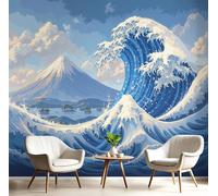 Fotomurales Pared Azul Blanco Océano Monte Fuji Papel Pintado Seda Coración Murales Diseno Fotográfico Ilustraciones Ukiyo-E Sala Tv Sofá Arte Abstracto Pintura Papel 3D,450X300Cm