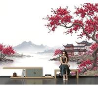 Fotomurales Pared Ciruelos Rojos Flor Junto Lago con Arquitectura Tradicional, Personalizado Arte de la Pared Mural para Sala Estar Comedor Dormitorio Familiar Pasillo Decoración, 250Anx175Al cm