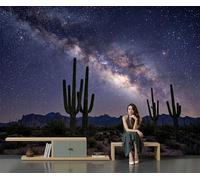 Fotomurales Pared Galaxia De Cactus 200x140cm Papel tapiz fotográfico Desierto Salvaje Cielo Estrellado Papel pintado Panorámico Decoración De Pared para Cuarto de Niño, Salón, Sala, Azul-Púrpura