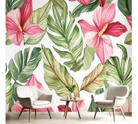 Fotomurales Pared Rosa Verde Hojas Y Flores Papel Pintado Seda Coración Murales Diseno Fotográfico Plantas Tropicales Sala Tv Sofá Arte Abstracto Pintura Papel 3D,150X105Cm