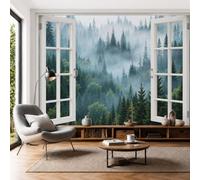 Fotomurales Pared Vista Desde La Ventana Del Bosque De Abetos 450x315cm Papel tapiz fotográfico Dosel Forestal Denso Papel pintado Panorámico Decoración De Pared para Salón, Sala, Verde Musgo