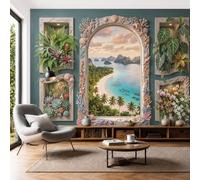 Fotomurales Pared Vista Desde Ventana Island Beach 400x280cm Papel tapiz fotográfico Resort Tropical Papel pintado Panorámico Decoración De Pared para Cuarto de Niño, Salón, Sala, Azul Turquesa
