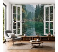 Fotomurales Pared Vista Desde Ventana Un Bosque Abetos Y Un Arroyo. 200x140cm Papel tapiz fotográfico Valle Brumoso Papel pintado Panorámico Decoración De Pared para Salón, Sala, Verde Esmeralda