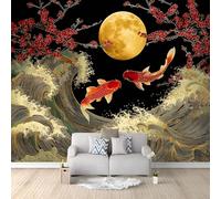 Fotomurales Peces Koi Luna Llena Zen Olas Del Océano Arte 350 x 256 cm, Papel Pintado de Fotografía Moderno Mural de Pared para Salón Habitación Infantil Dormitorio Pósteres Motivos Negro Y Amarillo