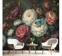 Fotomurales Pintura Al Óleo Clásica 450x315cm Papel Pintado Peonía Vintage Y Mariposa Papel Tapiz Fotográfico 3D Decoración De Pared Moderno para Salon Dormitorio Oficina Cuarto, Verde Oscuro