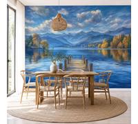 Fotomurales Pintura Al Óleo Una Escena Natural Un Lago Papel Pintado Tejido No Tejido Moderna Muelle Retro Bosque Fotográfico Decoración De Pared Sala Cuarto Oficina Salón Azul Papel Pintado 350X256Cm