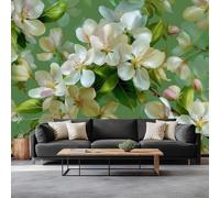Fotomurales Pintura De Acuarela Flores Blancas Hojas 250 x 175 cm Papel Pintado Tejido No Tejido, Verde Fotomural Papel Tapiz Decorativos - Dormitorio Salón TV Pared Murales Póster