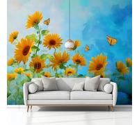 Fotomurales Pintura De Acuarela Mariposa Campo De Girasoles 400 x 280 cm Papel Pintado Tejido No Tejido, Azul Fotomural Papel Tapiz Decorativos, para Dormitorio Salón TV Pared Murales Póster
