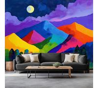 Fotomurales Pintura De Paisaje De Montaña Luna Montañas Bosque 500 x 280 cm Papel Pintado Tejido No Tejido, Multicolor Fotomural Papel Tapiz Decorativos - Dormitorio Salón TV Pared Murales Póster