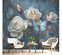 Fotomurales Plantas Y Flores Retro 150x105cm Papel Pintado Rosas Blancas Y Mariposas Papel Tapiz Fotográfico 3D Decoración De Pared Moderno para Salon Dormitorio Oficina Cuarto, Azul Grisáceo