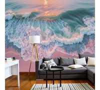 Fotomurales Playa Arena Olas Oceánicas Ensueño 400X280Cm Papel Pintado Decoración De Pared Paisaje Atardecer 3D, Murales Póster Rosa Efecto 3D, Fotográfico Murales Para Dormitorio Salón Tv Pared