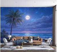 Fotomurales Playa Con Luna Llena - 200Anx140Al cm Papel Pintado Seda Decoración de Pared Murales Azul-púrpura Paisaje De Ensueño Diseno Fotográfico Decorativos Dormitorio Para la Sala