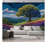 Fotomurales Pradera Abstracta Árboles 250X175Cm Papel Pintado Decoración De Pared Ilustración De Fantasía, Murales Póster Turquesa Efecto 3D, Fotográfico Murales Para Dormitorio Salón Tv Pared