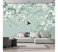 Fotomurales Seda 200x140cm - Papel Pintado Fotográfico Escenas de primavera Flores, ramas, pájaros volando, barcos Murales Verde claro Póster Niños Juvenil Salón Dormitorio Decoración Del Hogar