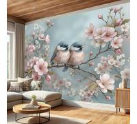 Fotomurales Seda 200x140cm - Papel Pintado Fotográfico Flores de primavera Pájaros, flores, ramas Murales Rosa Póster Niños Juvenil Salón Dormitorio Decoración Del Hogar