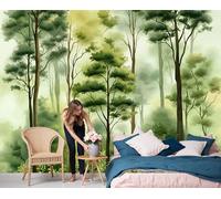 Fotomurales Seda 250x175cm - Papel Pintado Fotográfico Paisaje en acuarela Bosque en la niebla Murales Verde Póster Niños Juvenil Salón Dormitorio Decoración Del Hogar