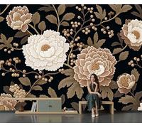Fotomurales Seda 300x210cm - Papel Pintado Fotográfico Estilo chino retro Ramas, hojas y bayas de peonía Murales Marrón claro Póster Niños Juvenil Salón Dormitorio Decoración Del Hogar