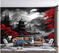 Fotomurales Seda 400x280cm - Papel Pintado Fotográfico Estilo de pintura con tinta oriental Montaña Pagoda Pájaros Voladores Murales Negro y rojo Póster Salón Dormitorio Decoración Del Hogar