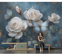 Fotomurales Seda 400x280cm - Papel Pintado Fotográfico Estilo de pintura floral Mariposa Rosa Blanca Murales Azul Póster Niños Juvenil Salón Dormitorio Decoración Del Hogar