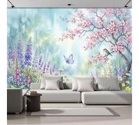 Fotomurales Seda 450x315cm - Papel Pintado Fotográfico Flores en acuarela Árbol de cerezo en flor Mariposa Pájaro Murales Azul verdoso Póster Niños Juvenil Salón Dormitorio Decoración Del Hogar