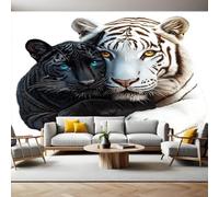 Fotomurales Tejido no Tejido Animales dos tigres Papel Pintado Decor de Pared Murales Póster Efecto 3D Papel Tapiz Moderno para Dormitorio Salón TV Pared 300 x 210 cm