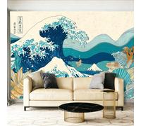 Fotomurales Ukiyo-E de olas oceánicas retro Papel pintado tejido no tejido decoración Pared decorativos 250 x 175 cm Murales Tv Fondo Pared Dormitorio Murales Pared Dormitorio Azul marino