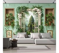 Fotomurales Ventanas Plantas Tropicales Papel Pintado Tejido No Tejido Moderna Arquitectura Antigua Selva Fotográfico Decoración De Pared Sala Cuarto Oficina Salón Verde Papel Pintado 250X175Cm