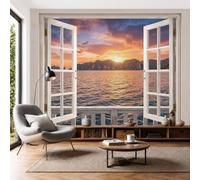 Fotomurales Vista Desde Ventana Balcón Vistas Al Mar Papel Pintado Tejido No Tejido Moderna Puesta Sol Costa Fotográfico Decoración De Pared Sala Cuarto Oficina Salón Ámbar Papel Pintado 200X140Cm