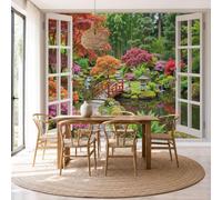 Fotomurales Vista Desde Ventana Jardín Japonés Papel Pintado Tejido No Tejido Moderna Puente Pequeño Bosque Lago Fotográfico Decoración De Pared Sala Cuarto Oficina Salón Verde Papel Pintado 300X210Cm
