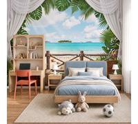 Fotomurales Vista Desde Ventana Terraza Bohemia Papel Pintado Tejido No Tejido Moderna Playa Tropical Tipo Resort Fotográfico Decoración De Pared Sala Cuarto Oficina Salón Azul Papel Pintado 250X175Cm
