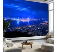 Fotomurales Vista Nocturna De Hong Kong (Fotografía) 400 x 280 cm Papel Pintado Tejido No Tejido, Azul Fotomural Papel Tapiz Decorativos - Dormitorio Salón TV Pared Murales Póster