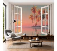 Fotomurales Vista Ventana Puesta Sol Retro Papel Pintado Tejido No Tejido Moderna Playa Natural Palmeras Fotográfico Decoración De Pared Sala Cuarto Oficina Salón Color Naranja Papel Pintado 400X280Cm