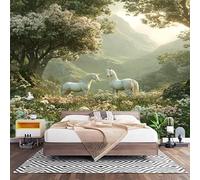 Fotomurales XL 200x140 cm Verde Impermeable Papel Pintado Tejido no Tejido JardíN de Unicornios de FantasíA Decoración de Pared Moderna Murales para Pared Salón Cocina Baño Pasillo Comedor