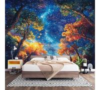 Fotomurales XL 250x175 cm Vistoso Impermeable Papel Pintado Tejido no Tejido Pintura Al óLeo Abstracta Cielo Estrellado y Bosque Decoración de Pared Moderna Murales para Pared Salón Cocina Baño