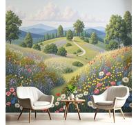 Fotomurales Xl 250X175Cm Pradera Flores Dibujos Animados Ilustración Paisaje Papel Pintado Panorámico 3D Verde Salvia Decoración De Pared Moderna Murales Para Pared Salón Cocina Baño Pasillo Comedor
